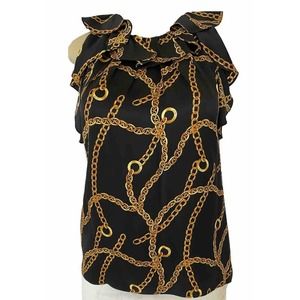 Milly Silk Top Blouse Sleeveless Ruffle Black Chain Print Keyhole Side Z…